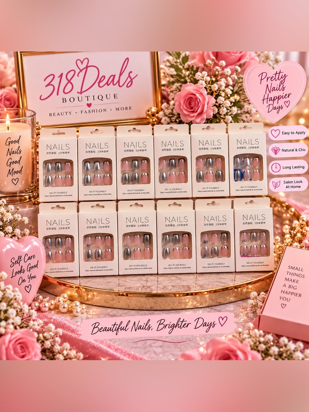 Nails Press-On Set — Pink & Silver Accent Salon-Style Press-On Nails Set of 12